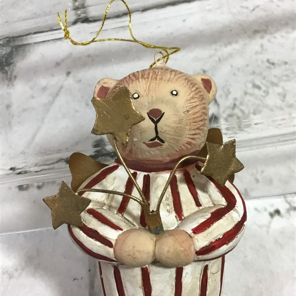 Vintage Christmas Tree Ornament Teddy Bear In Pajamas Stars Jingle Bell‎ Red
